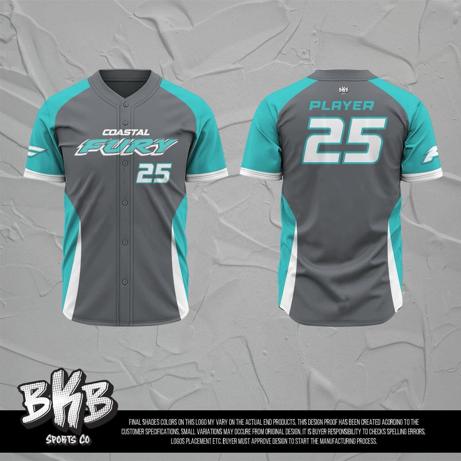 Charcoal, teal, and white Coastal Fury baseball uniforms