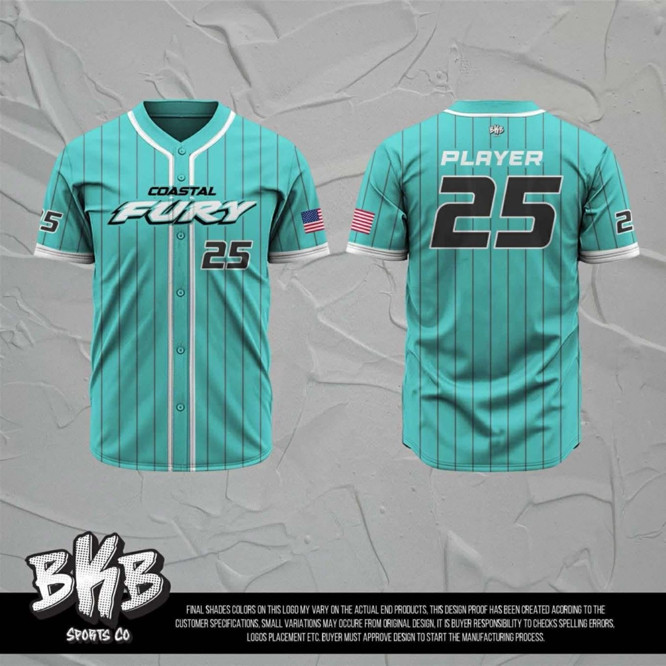 Teal pinstripe Coastal Fury baseball uniforms