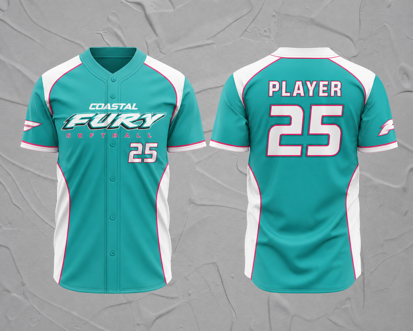 Teal, white, and pink Coastal Fury softball uniforms